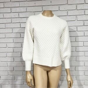 Line and Dot White Textured Honeycomb Knit Balloon Sleeve Crewneck Sweater